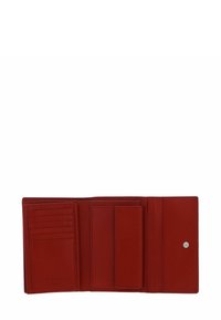 Portefeuille en cuir rouge avec plusieurs emplacements pour cartes, un compartiment central et une fermeture à pression. Texture lisse avec des bords cousus.