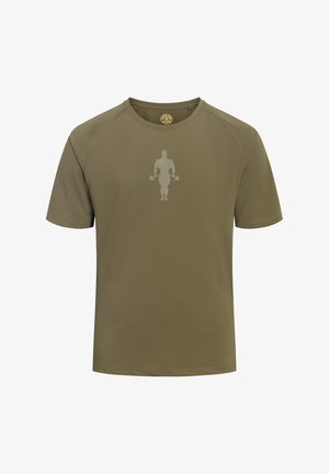 Oliwkowozielona sportowa koszulka z krótkim rękawem, z subtelnym logo sylwetki muskularnej osoby na środku klatki piersiowej i okrągłym dekoltem.