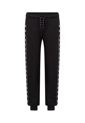 Pantaloni da jogging neri con vita elastica e coulisse, caratterizzati da strisce laterali con motivo logo e polsini a costine alle caviglie.