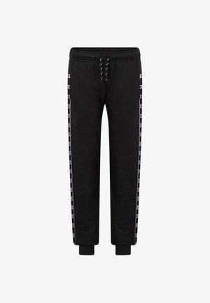 Zwarte joggerbroek met elastische tailleband en trekkoord, voorzien van zijstrepen met logopatroon en geribbelde boorden bij de enkels.