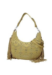 Borsa a mano in finti camoscio giallo con motivo floreale intagliato al laser, dettagli con frange e tracolla regolabile. Inclusi accessori in metallo argentato.