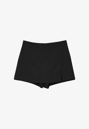 Schwarzer Schwimmrock mit schlichtem Design, geradem Saum, gefaltetem Frontbereich und integrierten kurzen Hosen für zusätzlichen Schutz und Komfort.