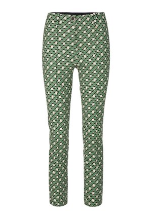 Grün schmal geschnittene Hose mit diagonalem geometrischem Muster in Weiß und Schwarz, mit einem Knopfverschluss an der Taille.