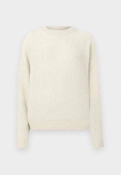 Maglione a maglia beige chiaro con colletto rotondo, maniche lunghe e orlo a costine. Tessuto morbido e design semplice, adatto per un look casual.