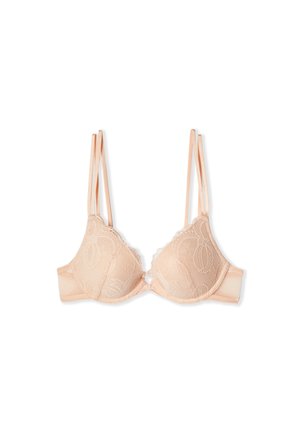 Soutien-gorge en dentelle beige avec doubles bretelles fines réglables et fermeture à clip avant, présenté sur un fond blanc.
