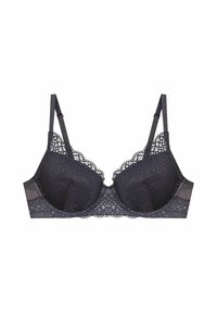 Czarny koronkowy biustonosz o półprzezroczystym wzorze, z formowanymi miseczkami, regulowanymi ramiączkami i falbaniastym brzegiem. Teksturowana koronka występuje w całej konstrukcji.