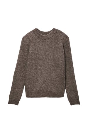 Pull en maille marron avec une finition texturée, présentant un col rond et des manches longues, conçu avec une coupe décontractée et des accents côtelés.