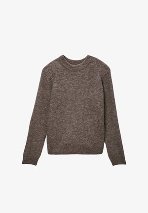 Pull en maille marron avec une finition texturée, présentant un col rond et des manches longues, conçu avec une coupe décontractée et des accents côtelés.