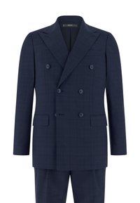Marineblaues, doppelreihiges Herren-Sakko mit spitz zulaufenden Revers, sechs Knöpfen, Pattentaschen und dezentem Karomuster.