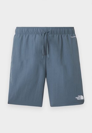 Blaue Shorts mit elastischem Bund und Kordelzug, The North Face Logo am linken Bein und "FLASHDRY" Schriftzug in der Nähe der rechten Tasche.