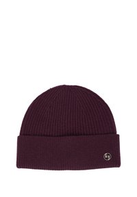 Berretto in maglia bordeaux con risvolto e un piccolo logo metallico laterale. Motivo a coste texturizzato su tutta la superficie.