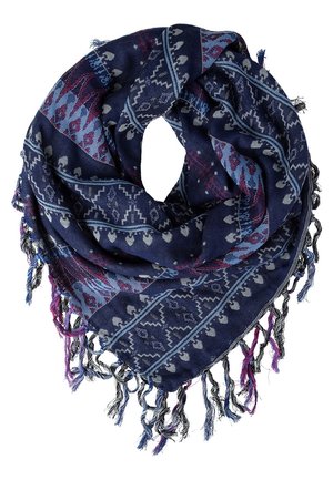 Dunkelblauer Schal mit hellblauen und weinroten geometrischen Mustern und Fransen an den Rändern, zu einer dreieckigen Form gefaltet.