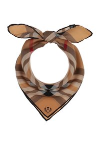 Beige silkkihuivi, jossa on musta- ja punaruutukuosi, huivin päässä on solmu ja alaosassa logo. Reunoissa on musta viimeistely.