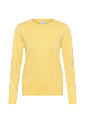 Žltý pletený sveter s okrúhlym výstrihom, dlhé rukávy, rebrované manžety a lem, ľahká textúra, jednoduchý dizajn bez vzorov alebo akcentov.