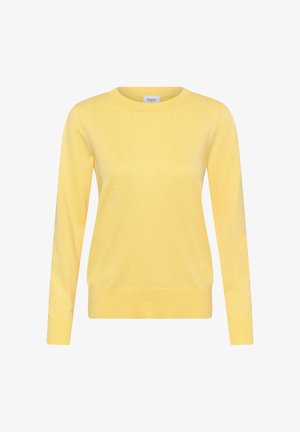 Dzeltena adīta džemperis ar apaļu kaklu, garām piedurknēm, ribota aproču un apakšmalas apdare, viegla tekstūra, vienkāršs dizains bez rakstiem vai izcēlumiem.