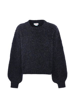 Navyblauwe cropped trui in een fuzzy textuur, met een ronde hals en volumineuze lange mouwen, voorzien van geribbelde manchetten en een geribbelde zoom.