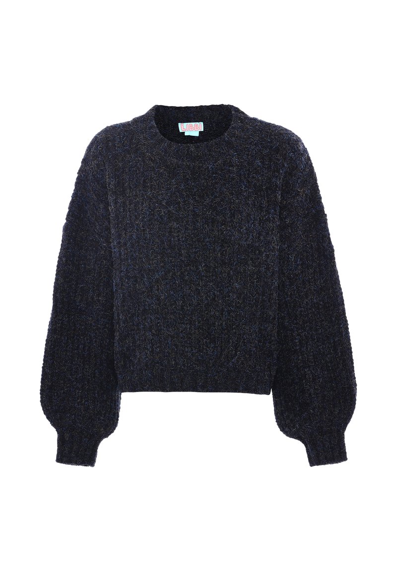 Dunkelblauer, kurz geschnittener Pullover aus flauschigem Material, mit einem runden Hals und voluminösen langen Ärmeln, sowie gerippten Bündchen und Saum.