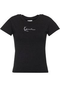 T-shirt in cotone nero con maniche corte e scollatura a girocollo. Presenta un design con firma ricamata bianca sul davanti.