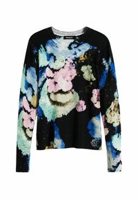Black sweater featuring a colorful floral pattern in blue, pink, and green hues. Designed with long sleeves and a round neckline.