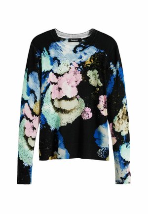 Schwarzer Pullover mit einem bunten Blumenmuster in Blau-, Pink- und Grüntönen. Mit langen Ärmeln und rundem Ausschnitt gestaltet.