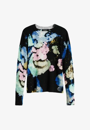 Schwarzer Pullover mit einem bunten Blumenmuster in Blau-, Pink- und Grüntönen. Mit langen Ärmeln und rundem Ausschnitt gestaltet.