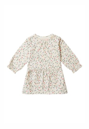 Robe à manches longues en tissu crème avec un motif floral en rose, vert et jaune. Elle présente une taille plissée et des détails de boutons au niveau du col.