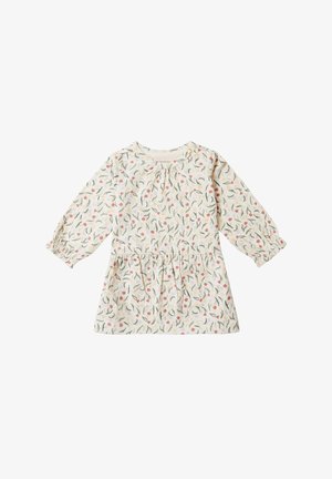 Langarmige jurk van crèmekleurige stof met een bloemenpatroon in roze, groen en geel. Heeft een geplooide taille en knoopdetails bij de halslijn.