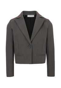 Grijze, cropped blazer van gestructureerde stof. Heeft een notch lapel, een enkele knoopsluiting en twee borstzakken.