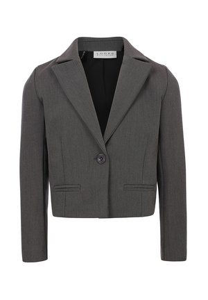 Grijze, cropped blazer van gestructureerde stof. Heeft een notch lapel, een enkele knoopsluiting en twee borstzakken.