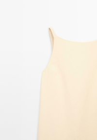 Beige, mouwloze jurk met een gladde textuur. Heeft een licht afgeronde halslijn en een minimalistisch ontwerp, ideaal voor het dragen in lagen.