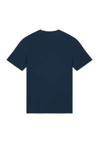 Marineblauwe katoenen T-shirt met een standaard ronde halslijn en korte mouwen. De achterkant is eenvoudig, zonder logo's of ontwerpen.