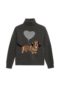 Suéter de punto gris con cuello alto, con un diseño de dachshund y un globo en forma de corazón gris en colores y texturas contrastantes.