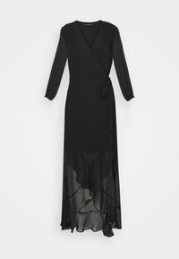 Robe longue à manches longues noire, à encolure en V et ourlet en couches transparentes avec volants, nouée à la taille, présentée sur fond blanc.