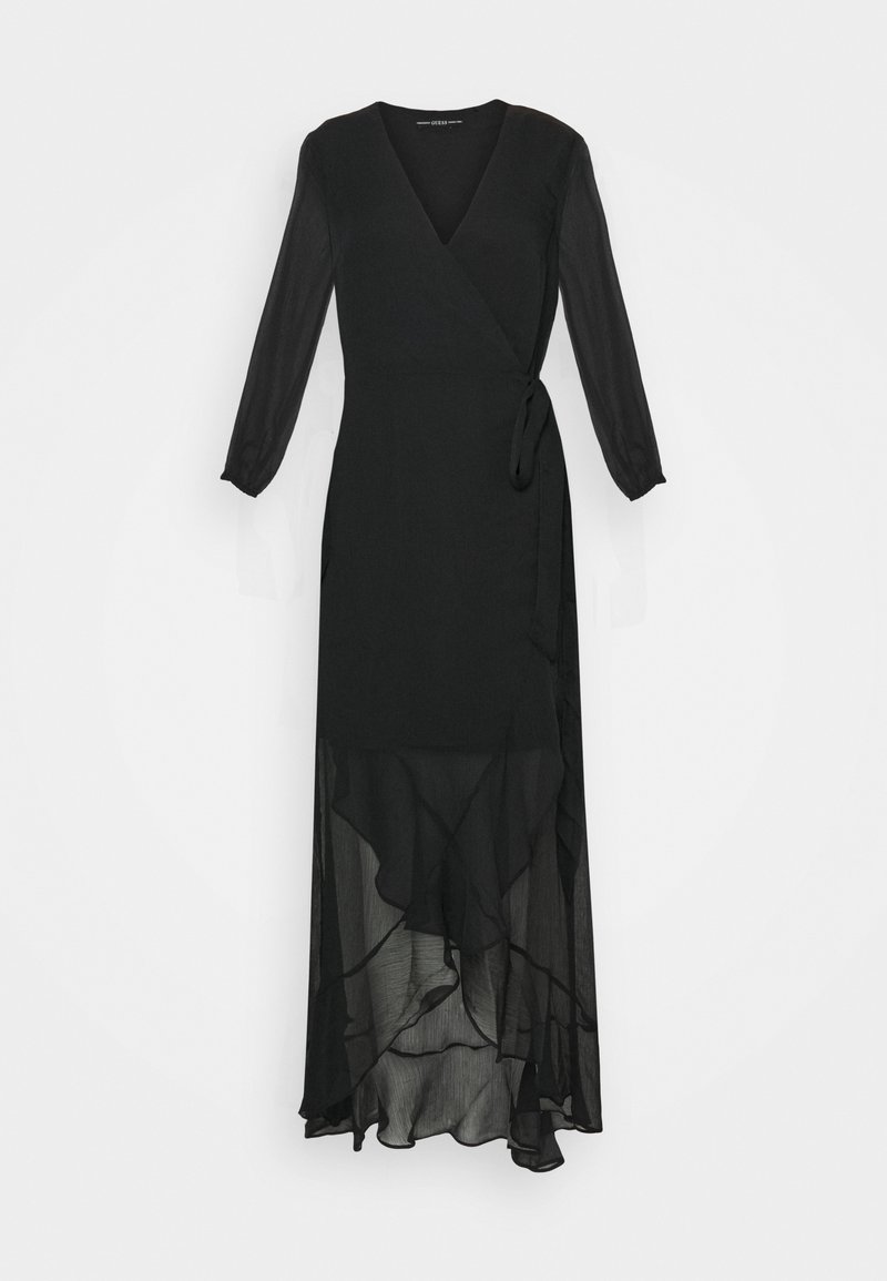 Černé dlouhé šaty s dlouhým rukávem, překřížené v oblasti pasu s V-výstřihem a průhledným vrstveným volánovým lemem, uvázané v pase, vystavené na bílém pozadí.