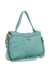 Borsa a tracolla in pelle turchese con doppie spalline, hardware in tono oro e una piccola placca rettangolare del marchio sul davanti.
