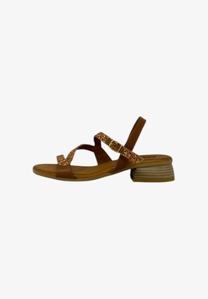 Sandalo marrone con una fascia testurizzata e luccicante, fibbia regolabile e tacco basso striato. Soletta liscia per il comfort.