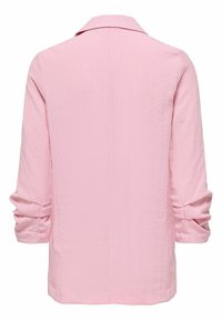 Langærmet, lys pink blazer-style jakke med en notched krave og let struktureret stof, vist fladt fra bagsiden.