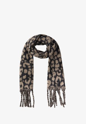 Luipaardprint sjaal met een zachte breisel texture, in beige en zwart, met verwassen uiteinden voor extra detail. Lange en smalle vormgeving.