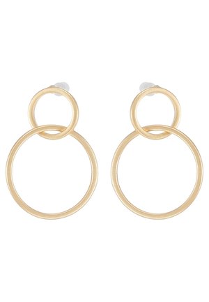 Paire de boucles d'oreilles à doubles anneaux couleur or avec un cercle plus petit lié à l'intérieur d'un cercle plus grand, présenté sur un fond blanc.
