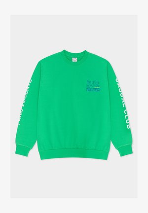 Zielony sweatshirt z długimi rękawami, okrągłym dekoltem i ściągaczami przy mankietach. Posiada nadrukowany tekst w niebieskim i białym na przodzie i rękawach. Wykonany z materiału bawełnianego.