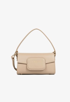 Beige leather handbag with a top handle, rectangular flap, and gold-tone logo detail on the front pocket.