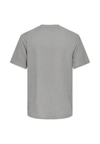 T-shirt gris clair à manches courtes en tissu texturé, vu de dos, avec un col rond et un ourlet droit.