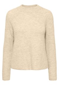 Beige, stickad tröja med långa ärmar, ribbad rund halsringning och rak nederkant, tillverkad av mjukt, texturerat tyg.