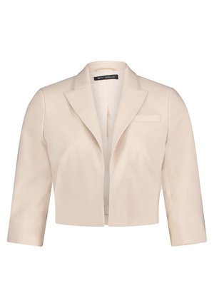 Geknipte beige blazer met een notch lapel, driekwartmouwen en een enkele borstzak. Glad stof met een getailleerde pasvorm.