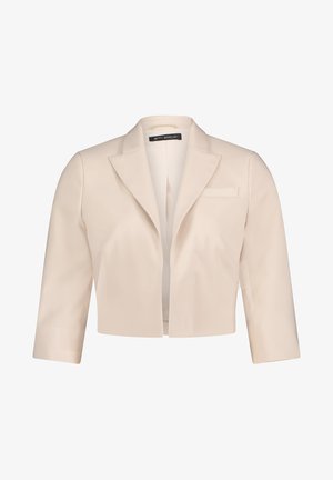 Beige verkürzter Blazer mit Reverskragen, Dreiviertelärmeln und einer einzelnen Brusttasche. Glattes Material mit taillierter Passform.