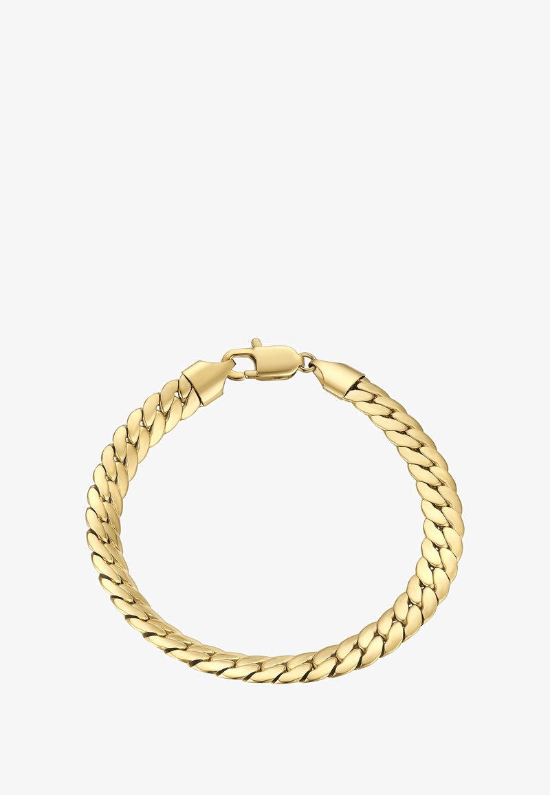 Zlatý náramok s prepojenými článkami, hladkým povrchom a bezpečným uzáverom, s lesklým kovovým dokončením.