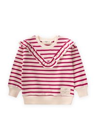 Felpa a maniche lunghe con righe rosa e bianche, dettaglio arricciato sul davanti, texture a maglia e una piccola etichetta sull'orlo inferiore.