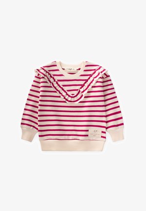 Sudadera de manga larga con rayas rosas y blancas, detalles de volantes en la parte delantera, textura de punto y una pequeña etiqueta en el dobladillo inferior.