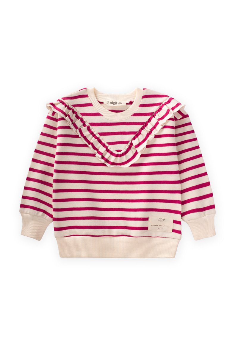 Pulover z dolgimi rokavi, ki ima roza in bele črte, nabran sprednji del, pletena tekstura in majhna oznaka na spodnjem robu.