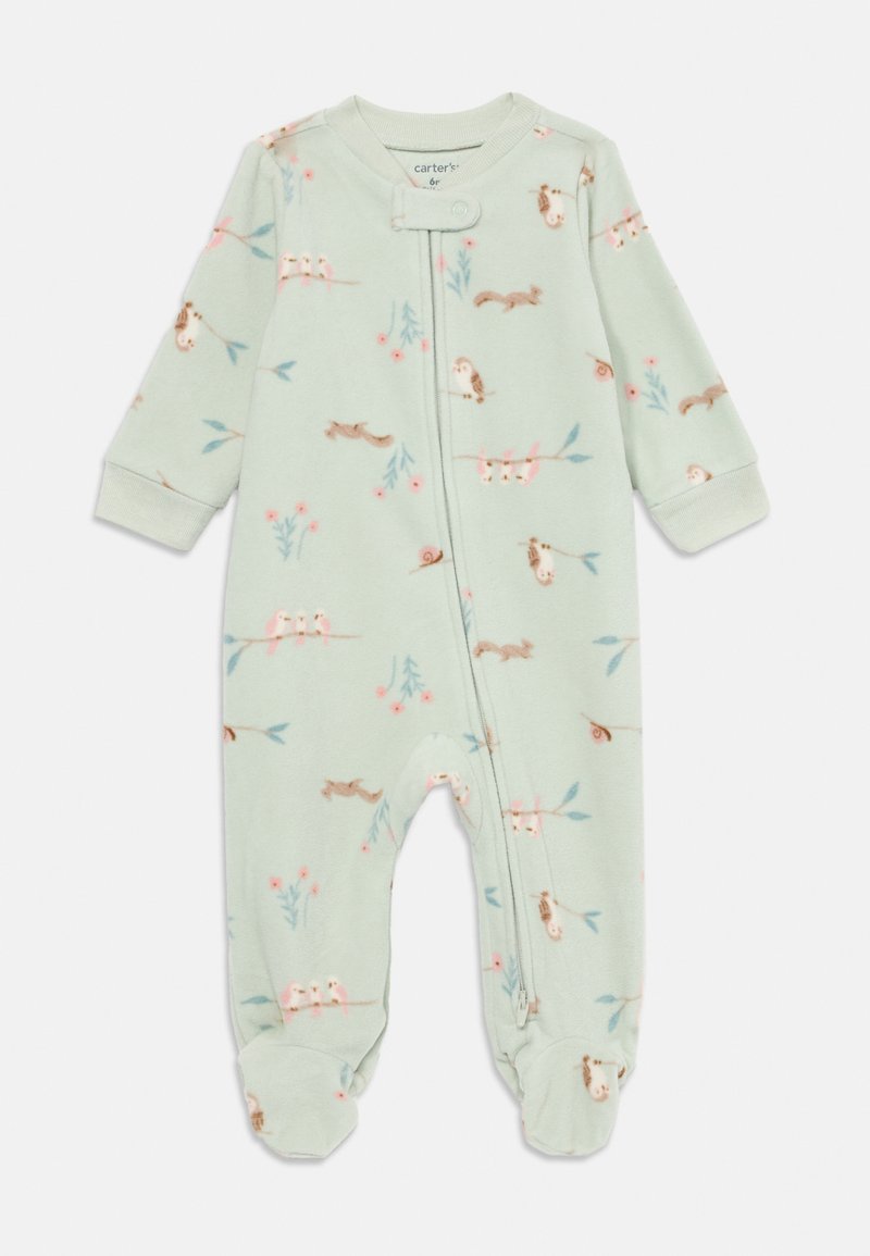 Zelený fleecový overal pre bábätká s dvojcestným zipsom, dlhými rukávmi a hravým vzorom zvierat a kvetov v jemných ružových a hnedých odtieňoch.